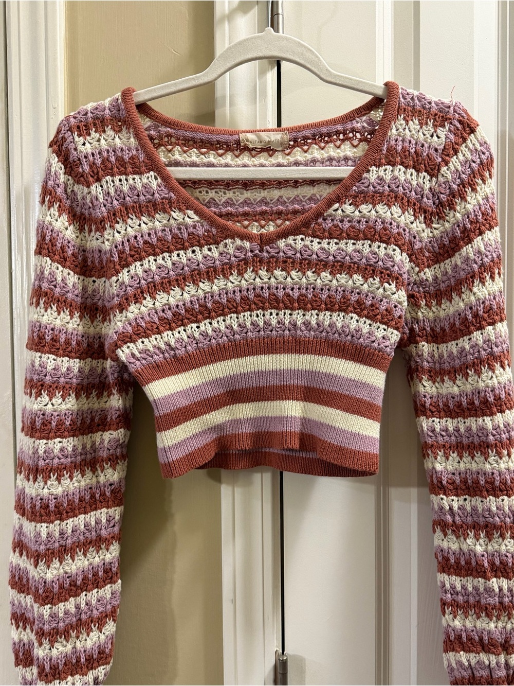 Altar'd State Pink Mauve Cream Striped Crochet V-Neck Crop Top